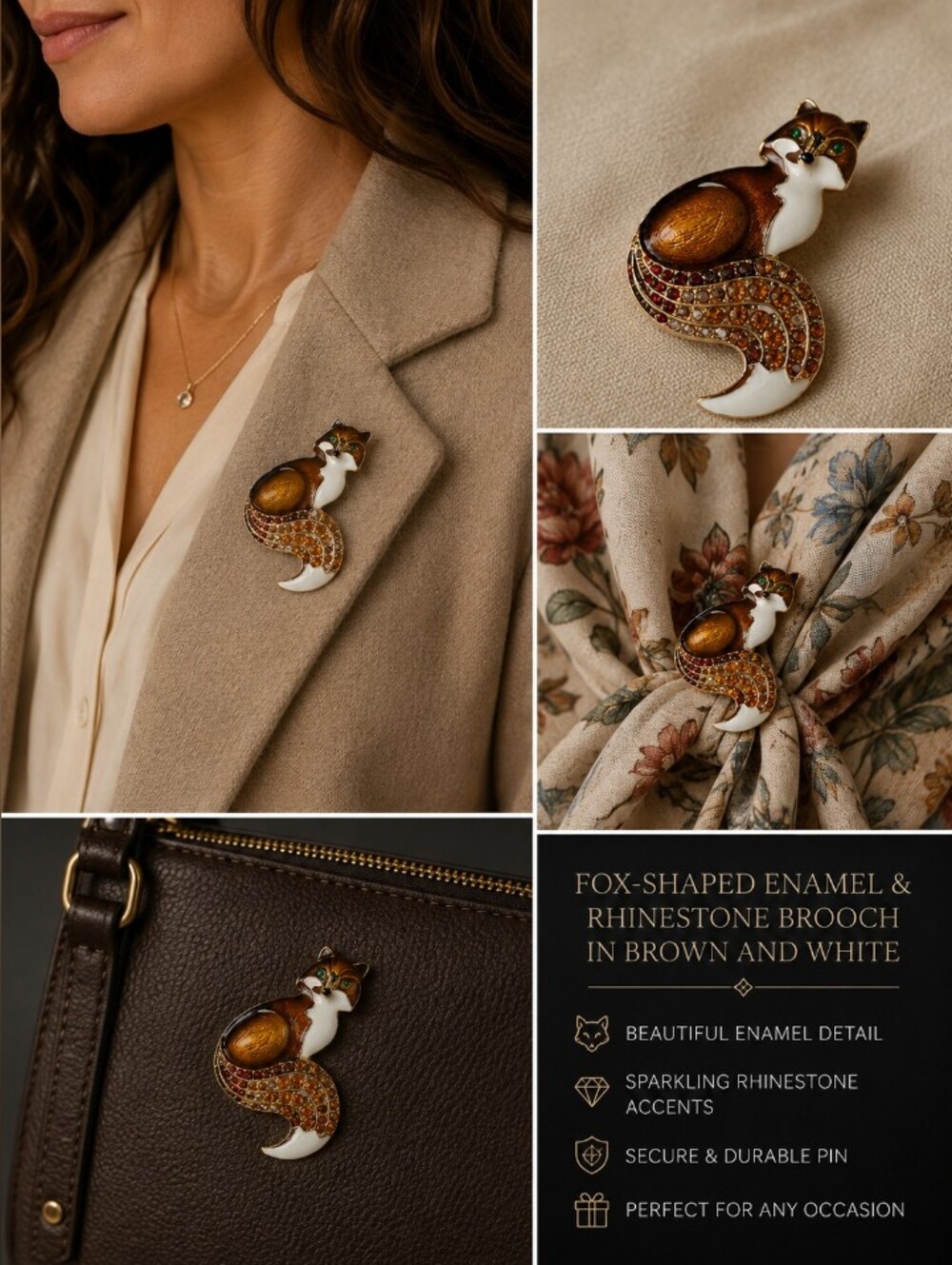 Fox-shaped Enamel & Rhinestone Brooch in Brown and White